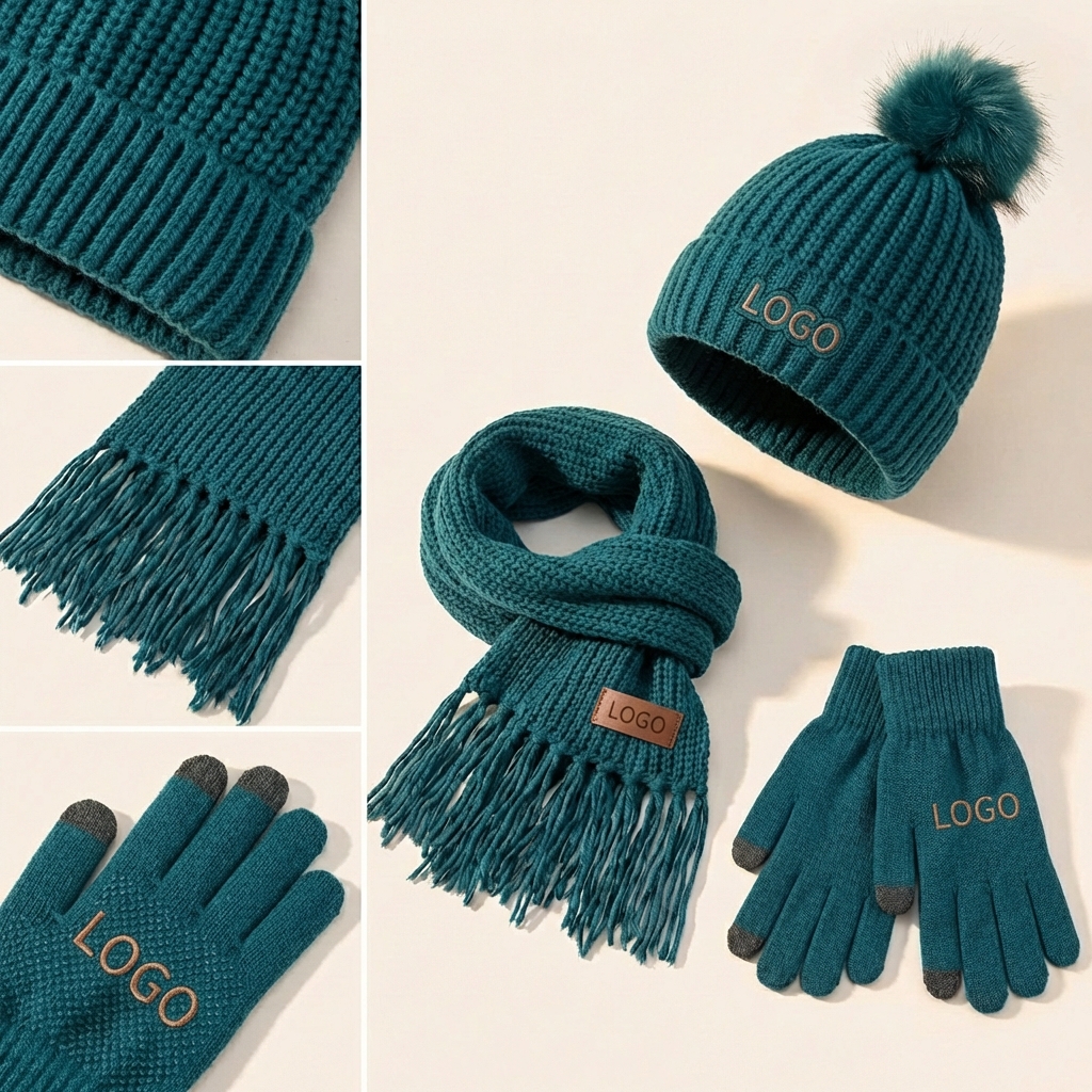 3-Piece Ribbed Winter Accessory Set with Touchscreen Gloves and Faux Fur Pom Beanie