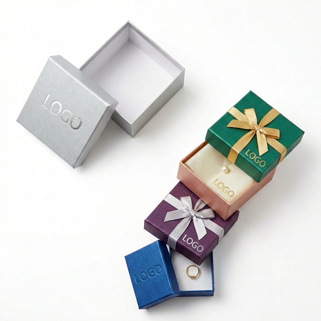 Compact Square Cardboard Jewelry Gift Box with Ribbon Accent