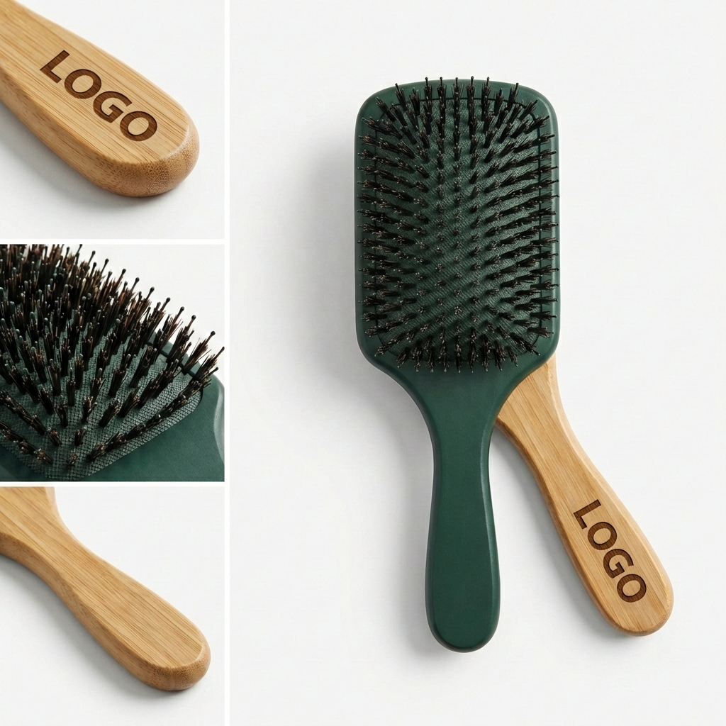 Natural Bamboo Paddle Brush with Flexible Massage Cushion