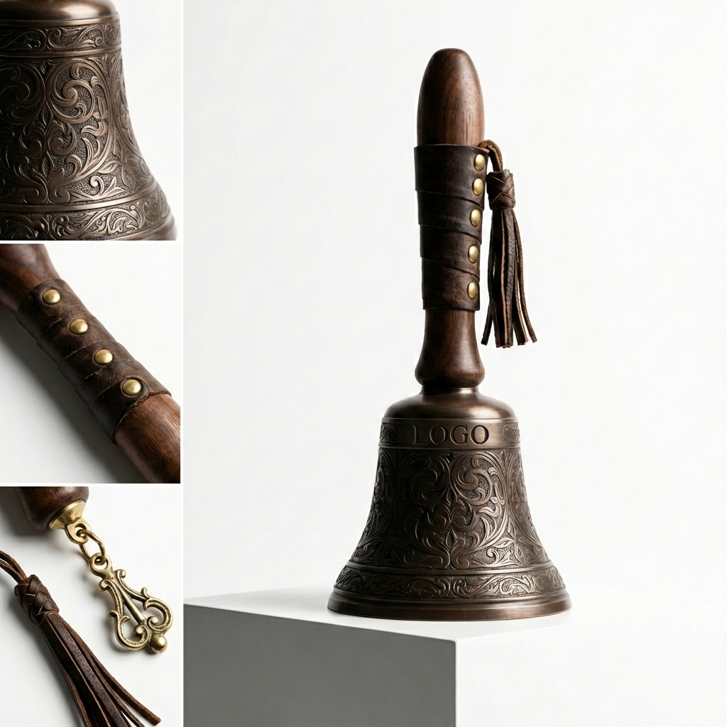 Ornate Engraved Hand Bell with Contoured Timber Grip and Leather Accents