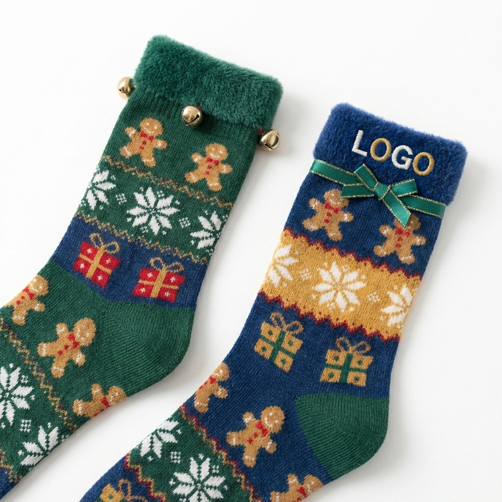 Gingerbread and Snowflake Festive Knit Socks with Faux-Fur Trim and Accents