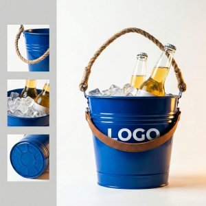 Industrial Iron Cooling Pail with Nautical Rope and Leatherette Handles